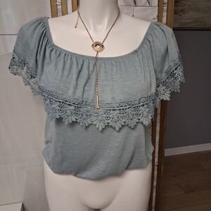 Elegant Lace Trimmed Blue Top